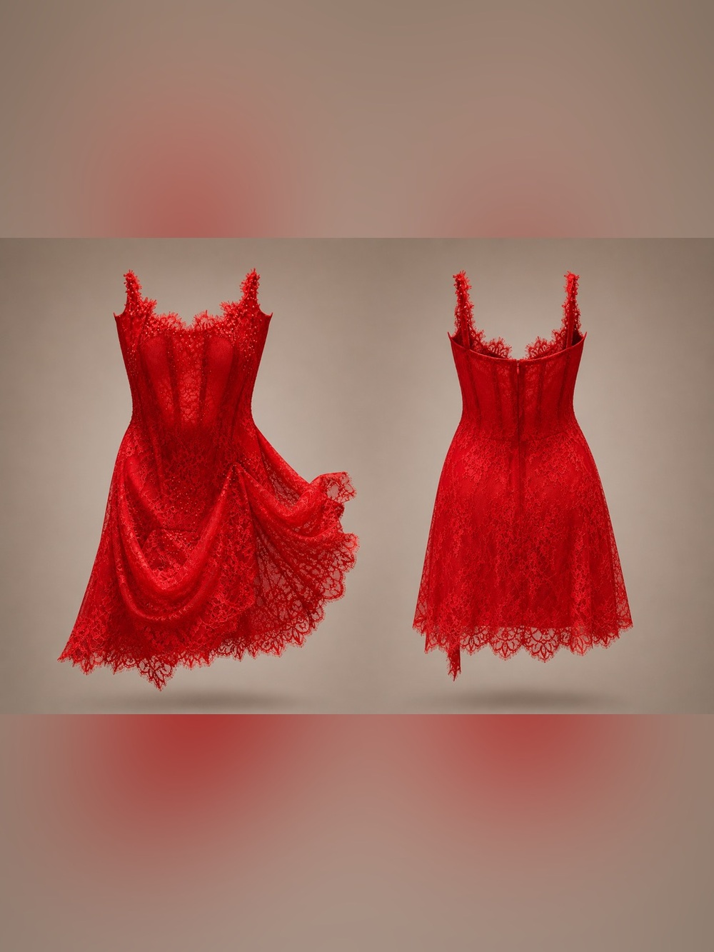 Red Lace Beaded Slip Dress - Elegant Women's Evening Dress